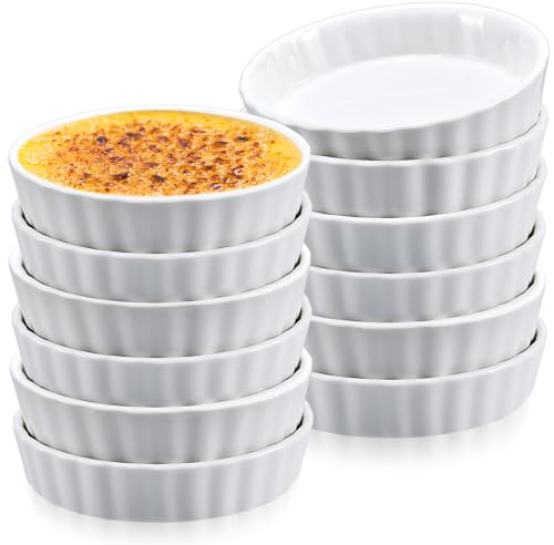 Layhit 12 Pcs Creme Brulee Ramekins Bulk 8 oz Ceramic Oven Safe Ramekins White Dessert Cups Baking Dish for Souffle, Quiche, Dipping Sauce, Appetizer, Fruit, Parties, Family Gatherings, Restaurants