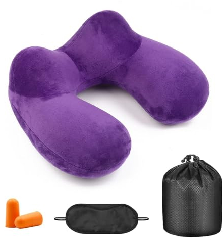 HXSYKJDM Nackenkissen Aufblasbar, Nackenkissen Reisekissen Aufblasbare mit Augenmaske/Ohrstöpsel/Tasche Reise Nackenkissen für Reise Flugzeug Auto Büro, Lila