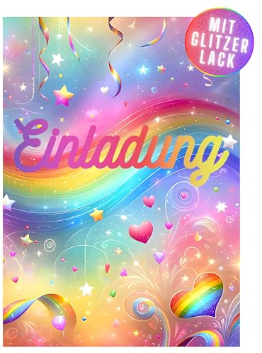 HIDEBLOOM GLITZER Regenbogen Einladungskarten Kindergeburtstag Mädchen - 12 Stück - DIN A6 (10,5 cm x 14,8 cm) - Geburtstagseinladungen Mädchen - Regenbogen Einladungskarte Kinder