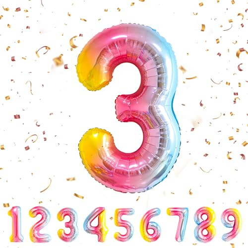 Ballon Chiffre Anniversaire 3,Ballon Numéro 3 Arc-en-ciel,40 - 101cm Géante Hélium Ballons Gonflables XXL,Ballon numéro Décoration d'anniversaire S'envole avec de l'hélium