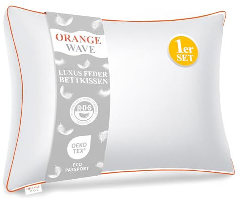 Orange Wave Daunenkissen 40x80cm Federkissen - Kopfkissen 40x80 1er Kissen Daunen und Federn Schlafkissen, RDS und Oeko-TEX Seitenschläferkissen für Maximale Unterstützung und Luxuriösen Schlafkomfort