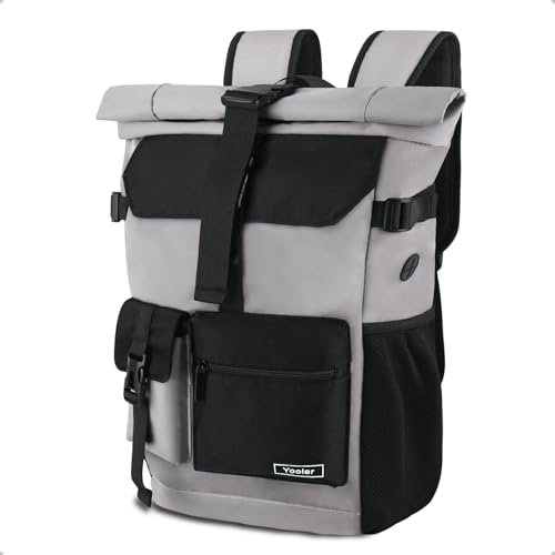 Yooler Rolltop Rucksack Herren, 27L Groß Rucksack Damen, Schulrucksack mit Laptopfach 17 Zoll, Reiserucksack Wanderrucksack für Business Arbeit Uni Reise Freizeit (Grau)