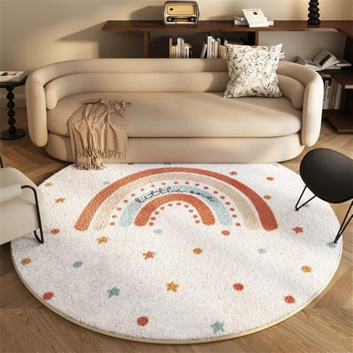 Alfombras Redonda Alfombra Habitación Lavable Antideslizante Muy Suave para Salón o Dormitorio, Esponjosa de Cama Infantil Lavable Bebe Niña Niño De Juego Arcoíris Estrella (Beige 1, 100x100cm)
