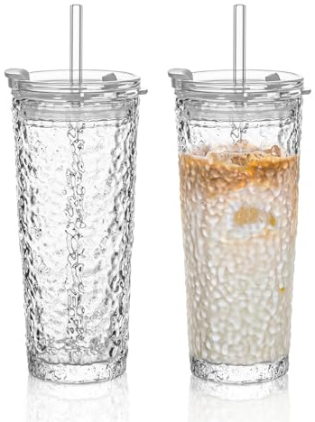 KEMORELA Vaso de cristal, vasos de vidrio con tapas y popotes