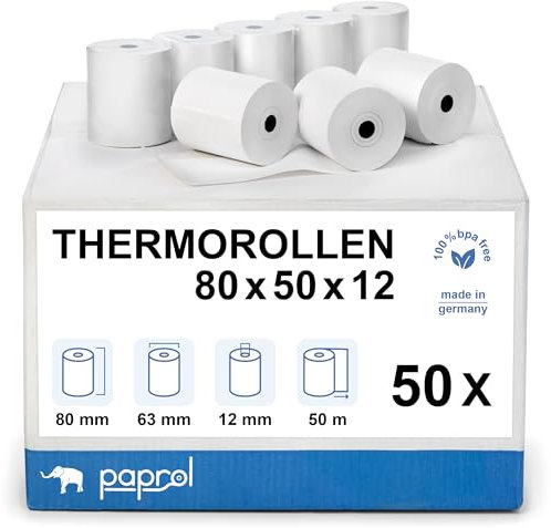 50 Thermorollen 80mm x 50m x 12mm (80x50x12) BPA frei - Bonrollen - Kassenrollen für Bondrucker - Registrierkasse - Thermodrucker