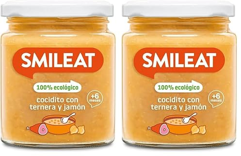 Smileat | Tarrito Ecológico de Cocidito con Ternera y Jamón | Para Bebés desde 6 Meses | Tarritos Ecológicos de Carne y Verduras Sin Gluten | Con Ingredientes Naturales y Saludables | Tarro de 230g