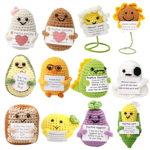 YWOIHL 12Pcs Positive Crochet Gift Set, Emotional Support Dolls, Mini Crochet Vegetables, Fruits and Plants with Inspirational Card, Encouragement Birthday Gift for Friends Room Decor