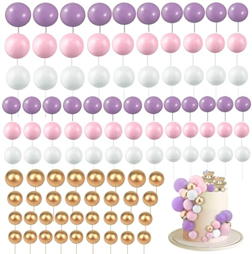 Bolas decorativas para tartas, 108 unidades, bolas decorativas para tartas, decoración de pasteles, decoración de tartas, para bodas, cumpleaños, decoración (violeta, rosa, blanco)