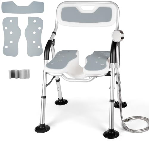DEWEL Silla Ducha Personas Mayores, con Respaldo y Brazos, InstalacióN Sin Herramientas, con Ranuras, Altura Ajustable, Capacidad de Carga 150 Kg, Silla para Ducha para Personas Mayores (Gris, Large)
