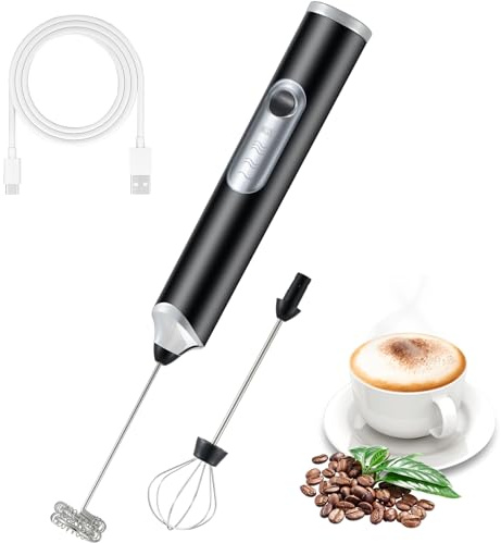 FIOUSY Handheld Electric Milk Frother with 2 Heads, Coffee Whisk Foam Mixer with USB Rechargeable 3 Speeds, Foam Maker Blender for Latte, Cappuccino, Hot Chocolate, Egg (Black)