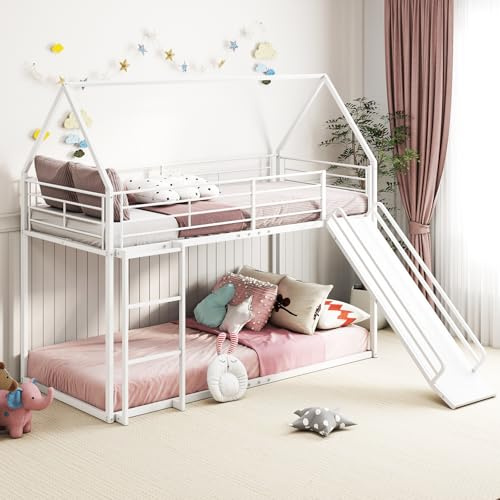 COSTWAY Lit Superposé Cabane Enfant avec Toboggan, 90 x 200 cm, Lit Mezzanine avec Escalier, Cadre en Métal, Barrière de Sécurité, Style Maison, Pas Besoin de Sommier, pour Fille, Garçon (Blanc)