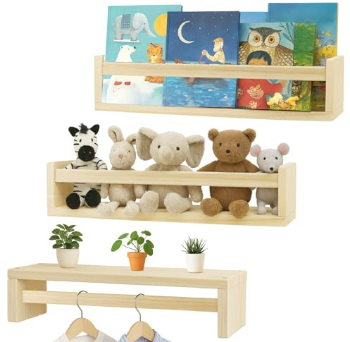 Nursery Book Shelves Set of 3, 16.5 Inch Solid Wood Floating Shelves