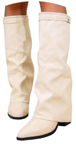 Generisch Stivali sopra il ginocchio da donna – Fold Over Shark Boots Camoscio con tacco a blocco, stile medievale retrò, altezza al ginocchio, design Slouchy per polpacci spessi, stivali invernali