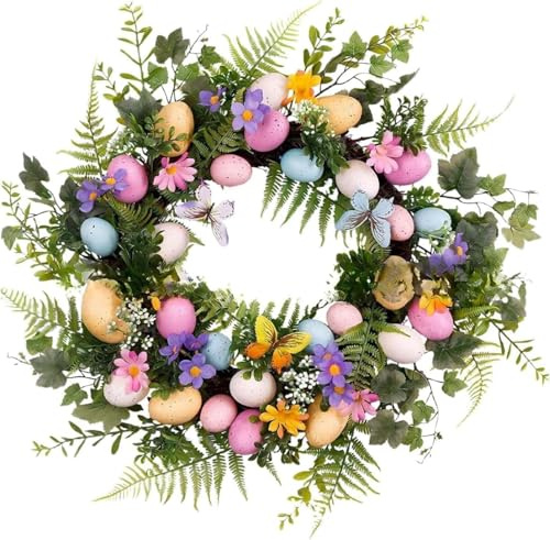 40CM Artificial Easter Wreath with Easter Eggs for Front Door - Spring Wreath with Pastel Eggs and Mixed Twigs for Easter Decorations