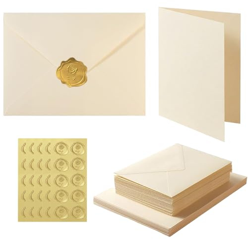 Acidea 50 Pack Ivory Envelopes with Plain Cards, 120GSM Envelopes with 250GSM Folding Blank Cards and Gold Stickers, Perfect Stationary Set for Wedding Invitations, Birthday, Holiday, Greeting Card