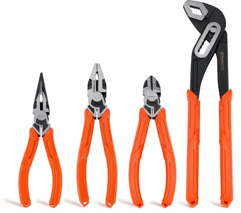 REALTEK Juego de Alicates 4 Piezas, Alicates de Punta Larga de 170mm, Alicate de Corte Diagonal de 160 mm, Alicate Combinado de 200 mm, para reparaciones domésticas y mecánicas