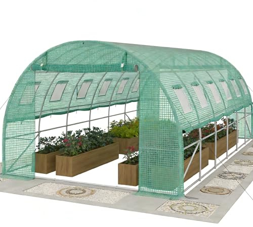 YRHome 3 x 6 x 2 m trädgårdsväxthus med dörr och rullbara fönster folieväxthus med stålfundament av galvaniserat stål, tomathus, vintersäkert folietält drivhus, växttunnel, UV-skydd för grönsaker