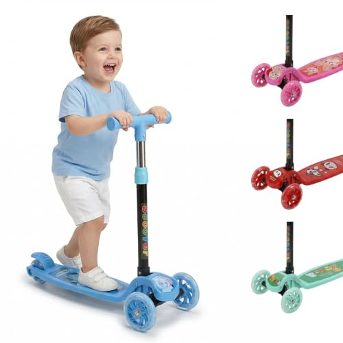 GLAC STORE Monopattino per Bambini, 3 Ruote con Luci LED, Manubrio Regolabile in 4 Altezze, Freno a Pedale, Uso Esterno, dai 3 Anni in su (Azzurro)