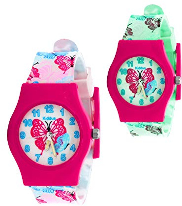 Kiddus Orologio Analogico. Per Bambini 5-10 Anni. Didattico, da Polso per Bambino, Facilità di Lettura dell’Ora. Primo Orologio Bambino. Fluorescente. Farfalla
