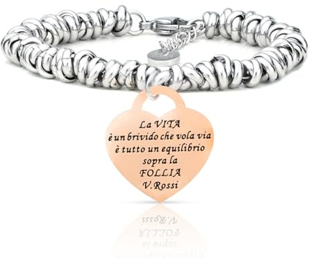 SAGA GIOIELLI® BRACCIALE NODINI INTRECCIATO DONNA FRASI PENSIERI PAROLE EMOZIONALE INCISIONE CUORE (La vita è un brivido che vola via...)