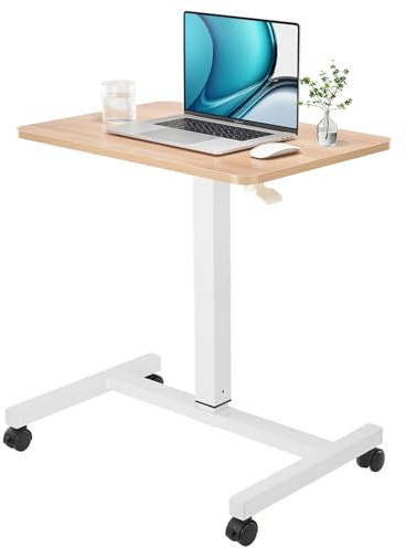CLATINA Mobile Laptop Desk Pneumatic Sit to Stand Table Height Adjustable Rolling Cart with Lockable Wheels for Home Office Computer Workstation, 71 x 48 cm Beige - Fidel