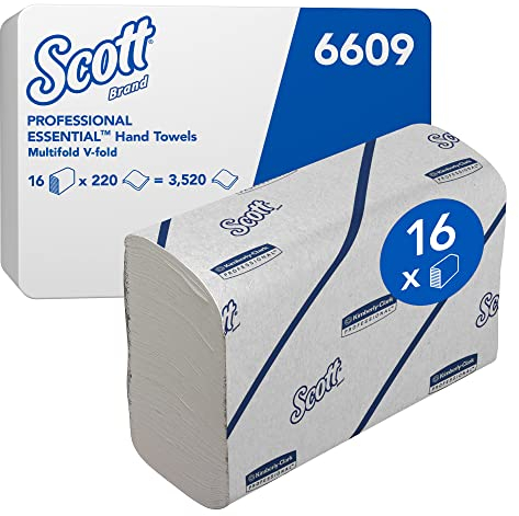 Scott Essential Narrowfold Papierhandtücher 6609, 2-lagige weiße Handtuchpapier, nachhaltige Papierhandtücher aus Recyclingfasern, 16 Clips x 220 (3.520 Blätter)