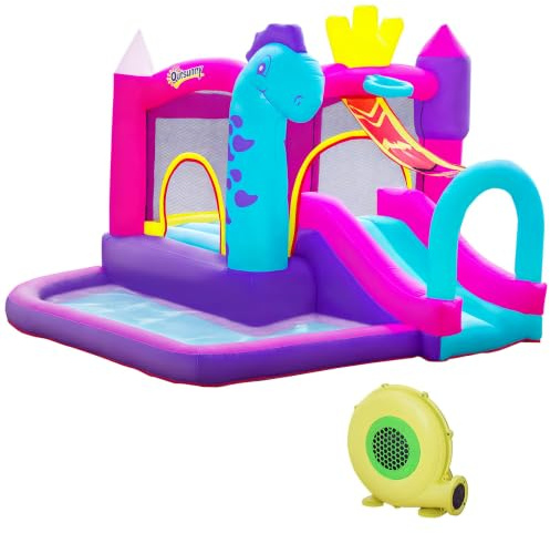 Outsunny Château Gonflable avec Toboggan 300L x 270l x 200H cm Multicolore | Trampoline, Aire de Jeux, Piscine Enfant, Panier, Jusqu'à 3 Enfants +3 Ans, Gonfleur, Sac de Transport, Souffleur 350W Inclus