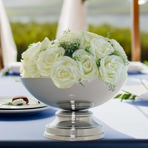 Efavormart 12 Round Metallic Silver Pedestal Flower Pot Floating Candle Bowl, Display Dish