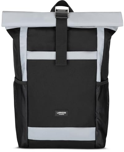 Larkson Sac à Dos Roll Top Femmes & Hommes Noir Réfléchissant - No 2 - Backpack pour l'École, l'Université - Compartiment Ordinateur Portable 16 Pouces - Hydrofuge