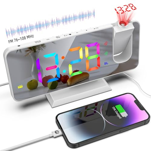 ThreeH Radio Reloj Despertador con Proyección Digital RGB Reloj Colorido para Dormitorio Alarma Dual Puerto de Cargador USB Posponer Pantalla de Espejo Grande Blanco