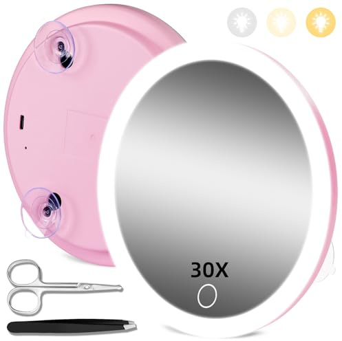 30X Magnifying Mirror with Light, 30X Magnified Mirror with 3 Color Lights and Adjustable Brightness, 6inch Travel High Magnification with 3 Suction Cups Easy Mounting - Includes Tweezers & Scissors