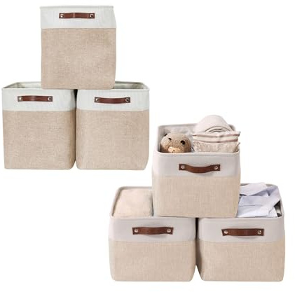 DECOMOMO Large Storage Bin Bundle | Fabric Storage Basket for Organizing Closet | Decorative Large Shelves Organizer Bins with Handles | (Beige and White, Large - 3 pack & XXXL - 3 Pack)