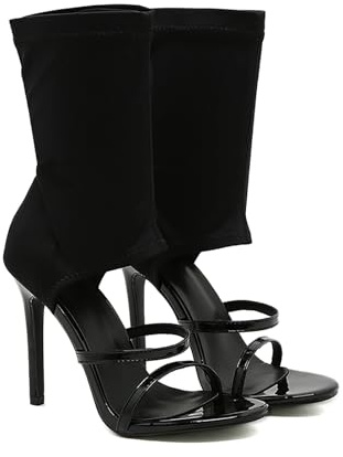 LVOMU Women's Stretchy Cloth High Top Two Strapy Stiletto Gladiator Sandals Sexy Open Toe High Heel Summer Elastic Ankle Boot Sandals for Summer Dress Wedding Party Daily Wear Shoes (Black,10)