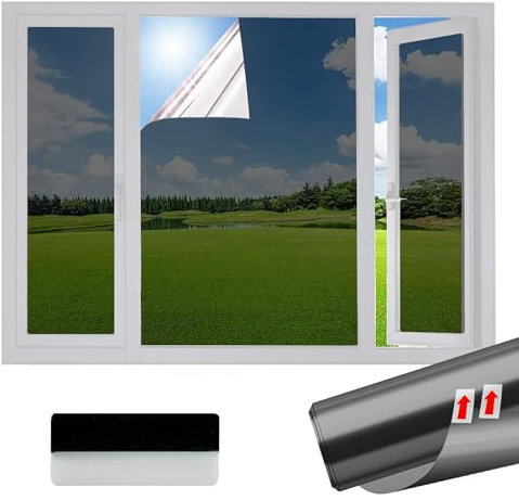 Samheito One Way Window Film Privacy 75 × 400 cm Black Silver Reflective Window Film Anti Glare Self Adhesive Mirror Window Tint Film UV Blocking Sun Blocker for Home Office Black