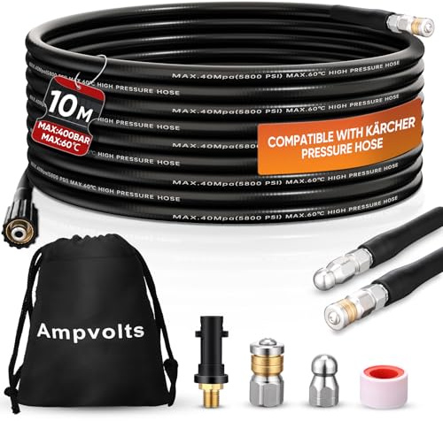 Ampvolts 10M Déboucheur Canalisation Haute Pression - 400 Bar/5800 PSI, Compatible avec Nettoyeurs Haute Pression karcher K2-K7, Lavor, Bosch - Pour un Nettoyage Facile des Tuyaux et Éviers Obstrués