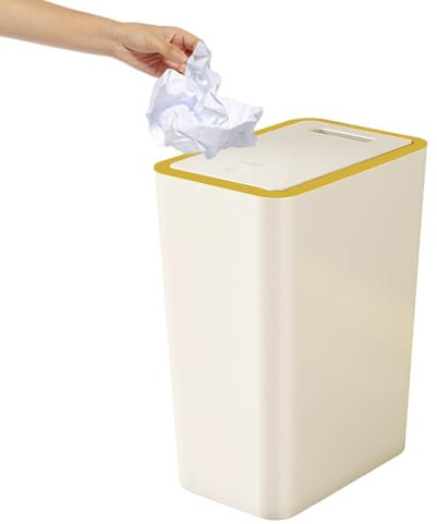 Poubelle 15L/10L avec couvercle – Poubelle blanc crème | Poubelle rectangulaire de type poussoir, poubelle en plastique avec couvercle supérieur à pression, corbeille à déchets pour cuisine, salle de