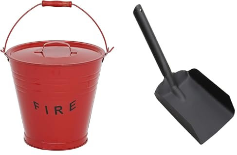 Unibos 12L Steel Grey Ash Bucket With Lid, Wooden Handle and Shovel - Fireside Fireplace Accessories (Red)
