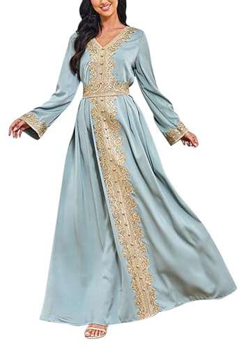 Generisch Robes de soirée musulmanes pour femme - Style Dubaï - Caftan pleine longueur - Broderie imprimé floral - Robes marocaines islamiques turques - Mariage - Soirée - Ceinture 2 pièces - Noir