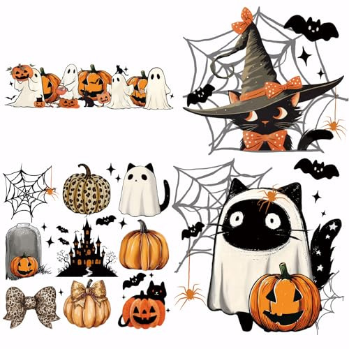 SUPERDANT 4 pz Adesivi Termoadesivi per Gatti di Halloween Gattini Spettrali e Luci di Zucca Trasferibili Da Stirare Toppe Termoadesive Adesivi In Carta Lavabile
