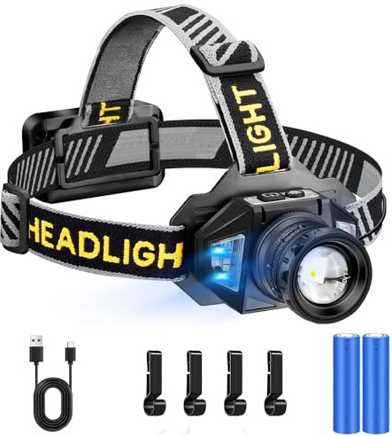 SENDALE Lampe frontale LED rechargeable, super lumineuse, 120 000 lumens, avec 12 modes, capteur et étanchéité IPX7, réglable à 90 °, pour le camping, la pêche