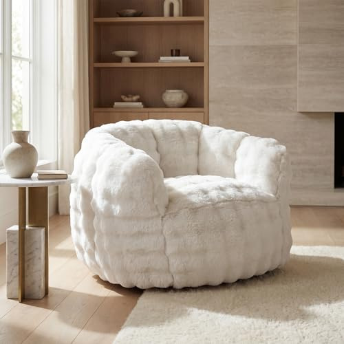 DAYALANE Pouf Salon Confortable, Pouf Poire Large avec Accoudoirs, Blanc | Fauteuil Poire Géant Moderne en Fausse Fourrure de Lapin Douce, Fauteuil Design pour Salon/Chambre