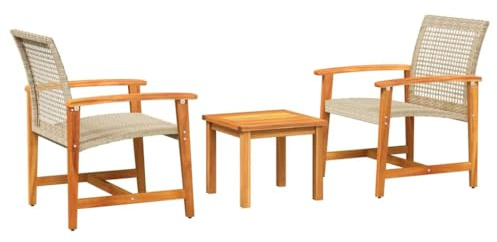 QJBSAVVA Ensemble de Bistro 3 Pièces Salon de Jardin en Résine Tressée Beige et Bois d'Acacia avec 1 Table et 2 Fauteuils Confortables pour Balcon, Terrasse, Cour et Extérieur
