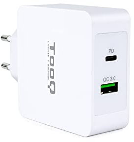 TooqTQWC-2SC03WT - Cargador de pared de carga rápida con 2 x (USB-C y USB) 48W / 6A, con tecnologia Quick Charge y PD, para iPad / iPhone X 7 8 / Plus / Samsung / Tablets / Smartphones, color BLANCO