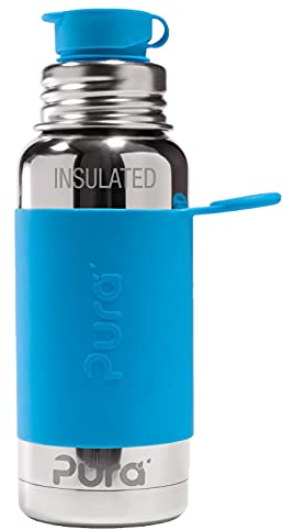 Pura Sport Isolierflasche, 473 ml, mit Sporthülle und Silikon-Sport-Top mit großem Mund, Edelstahl, auslaufsicher und auslaufsicher für Kinder, Kleinkinder, Vorschüler – Aqua