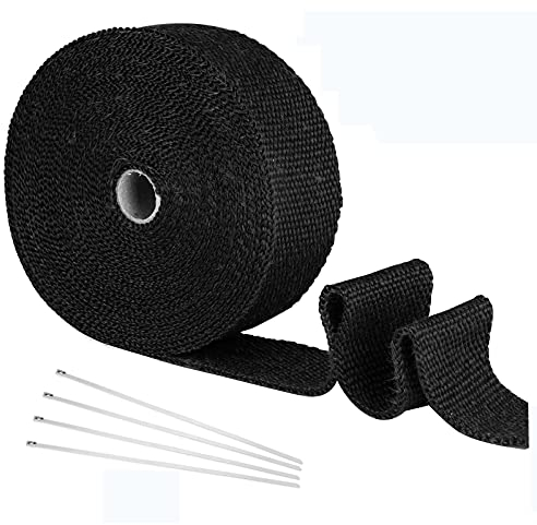Yizhet 15m Hitzeschutzband Auspuff Hitzeschutzband Basaltfaser Auspuffband Motorrad Hitzeschutzband mit 4 Metallkabelbinder für Fächerkrümmer, Auspuffanlagen, Isolierband Hitzeschutz (Schwarz)