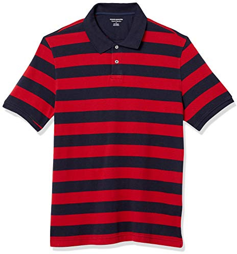 Amazon Essentials Polo de Algodón Piqué de Manga Corta y Corte Estándar (Disponible en Tallas Grandes) Hombre, Azul Marino Rojo Raya de Rugby, M
