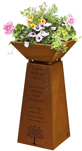 Rostikal Pflanzsäule 72 cm - Dekorative Gartensäule aus Metall - inkl. Blumenschale und Familienspruch im Rostdesign - Handgefertigt, Hochwertig, Langlebig