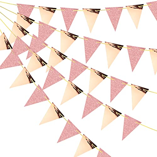 G2PLUS 12M Glitterpapier Wimpelkette Dreieckige-60PCS Doppelseitig Hängend Girlanden-9.5x14CM Papier Girlande Dekorationen für Kinderzimmer Hochzeit Geburtstag Party-Roségold