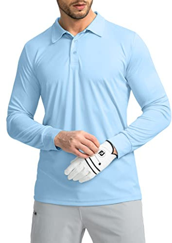 Men's Polo Shirt Long Sleeve Golf Shirts Lightweight UPF 50+ Sun Protection Cool Shirts for Men Work Fishing Outdoor(Light Blue, L)