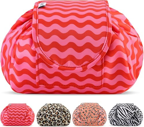 Lazy Drawstring Makeup Bags, Large Capacity Waterproof Travel Portable Cosmetic Bag Pouch Makeup Pouch Storage Organiser for Women Girl (Red Wave)